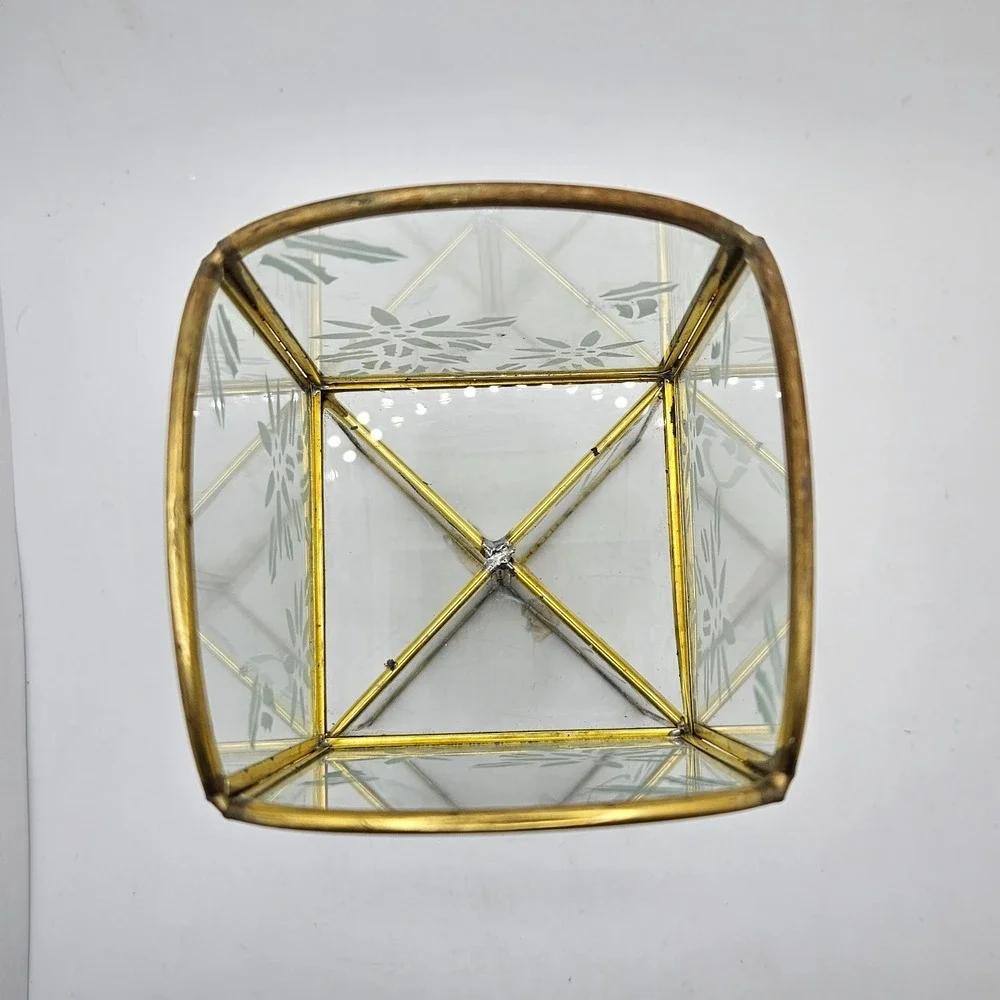 Vintage‎ FTD 1993 Brass Tone Etched Glass Jewelry Holder Trinket Organizer